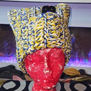 Mingled Royal Blue/Yellow/White Pocketed Cat Ear Beanie